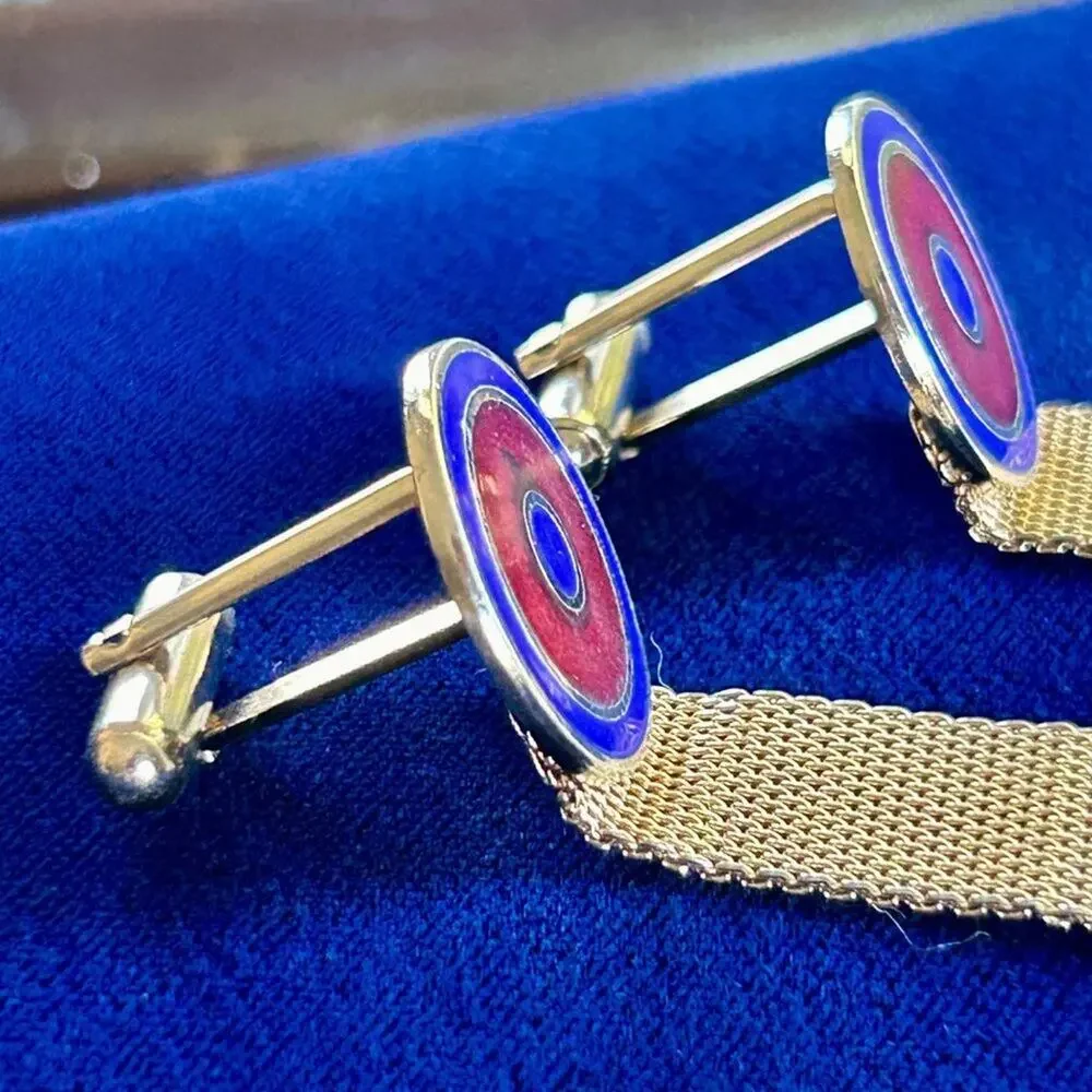 Vintage Blue and Red Bullseye Gold Tone Mesh Wrap Around Cufflinks